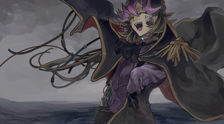 1boy ai_(yu-gi-oh!) alternate_form android ascot black_ascot black_cape black_hair black_pants cable cape closed_eyes colored_bangs dress_shirt epaulettes facing_to_the_side grey_sky highres horizon in_water male_focus mechabare military_uniform missing_limb novale110 ocean open_mouth outdoors outstretched_arms overcast pants purple_shirt shirt sky wading water wind wire yu-gi-oh! yu-gi-oh!_vrains
