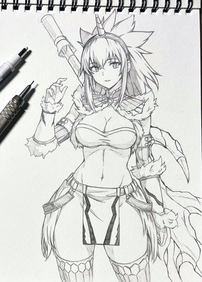 1girl art_tools_in_frame breasts commentary_request greyscale highres kirin_(armor) large_breasts looking_at_viewer monochrome monster_hunter_(character) monster_hunter_(series) navel pelvic_curtain photo_(medium) seishun_dendeke sidelocks smile solo spiked_hair standing traditional_media weapon