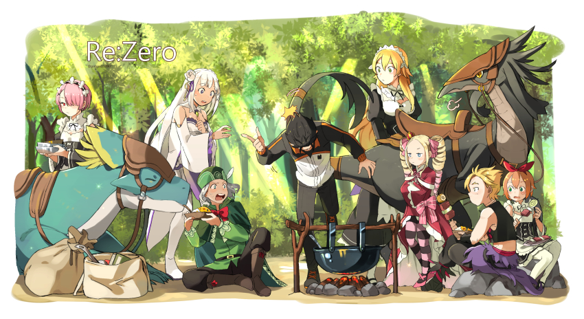 absurdres bangsutur bare_shoulders beatrice_(re:zero) black_hair blonde_hair blue_eyes campfire detached_sleeves eating emilia_(re:zero) forest frederica_baumann garfiel_tinsel gyan_(re:zero) hair_ornament hair_slicked_back hat highres light_rays luggage maid natsuki_subaru nature orange_hair otto_suewen outdoors patrasche_(re:zero) petra_leyte pink_eyes pink_hair purple_eyes ram_(re:zero) re:zero_kara_hajimeru_isekai_seikatsu ribbon silver_hair sitting sunbeam sunlight