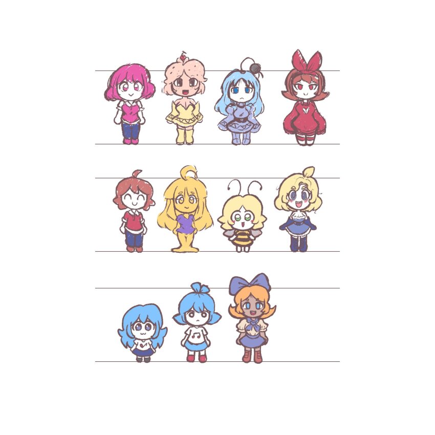 6+girls :&lt; :3 @_@ ^_^ ahoge ann_(thatartistann) antennae arthropod_girl bee_costume bee_girl bee_wings black_eyes blonde_hair blue_boots blue_bow blue_dress blue_eyes blue_hair blue_pants blue_scarf blue_skirt blush_stickers boots bow brown_boots brown_eyes brown_hair brown_shoes cherry cleavage_cutout closed_eyes closed_mouth clothing_cutout collared_shirt colored_skin dress food food_on_head fruit fruit_on_head fur-trimmed_dress fur_trim green_eyes hair_bow highres insect_girl insect_wings long_hair merei_(thatartistann) monster_girl multiple_girls musical_note musical_note_print object_on_head open_mouth original pants pink_eyes pink_hair pink_shirt pink_shoes pink_skin purple_shirt red_bow red_eyes red_shirt red_shoes red_sweater scarf sharp_teeth shirt shoes short_hair short_sleeves skirt slime_girl socks strapless strapless_dress sweater teeth thatartistann upper_teeth_only white_shirt white_socks wings yellow_boots yellow_dress yellow_skin