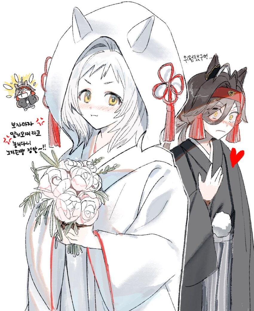 2girls anger_vein animal_ears antenna_hair black_kimono blush bouquet brown_hair ear_ornament flower hair_ornament hand_on_own_chest headband heart highres hishi_miracle_(umamusume) holding holding_bouquet horse_ears japanese_clothes kimono korean_text long_sleeves looking_at_viewer multiple_girls no_reason_(umamusume) pout shiromuku tassel tassel_hair_ornament translation_request uchikake uma_ozisan umamusume upper_body white_background white_hair white_kimono wide_sleeves yellow_eyes yuri