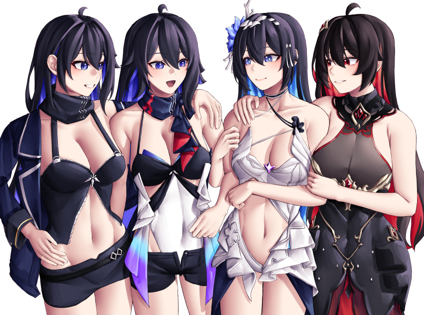 4girls absurdres ahoge benghuai_xueyuan black_dress black_hair black_shorts black_skirt blue_hair blue_jacket blue_scarf breasts cleavage clothing_cutout colored_inner_hair commentary_request covered_navel crop_top dress dual_persona flower hair_flower hair_ornament hand_on_another&#039;s_shoulder highres honkai:_star_rail honkai_(series) honkai_impact_3rd jacket korean_commentary large_breasts leotard leotard_under_clothes long_hair medium_breasts miniskirt multicolored_hair multiple_girls name_connection navel pyeong_il red_hair revealing_clothes scarf see-through_cleavage see-through_clothes seele_(alter_ego) seele_(honkai:_star_rail) seele_vollerei seele_vollerei_(fire_moth) seele_vollerei_(herrscher_of_rebirth) seele_vollerei_(starchasm_nyx) shorts simple_background skirt stomach_cutout two-tone_hair very_long_hair voice_actor_connection white_background white_dress white_leotard