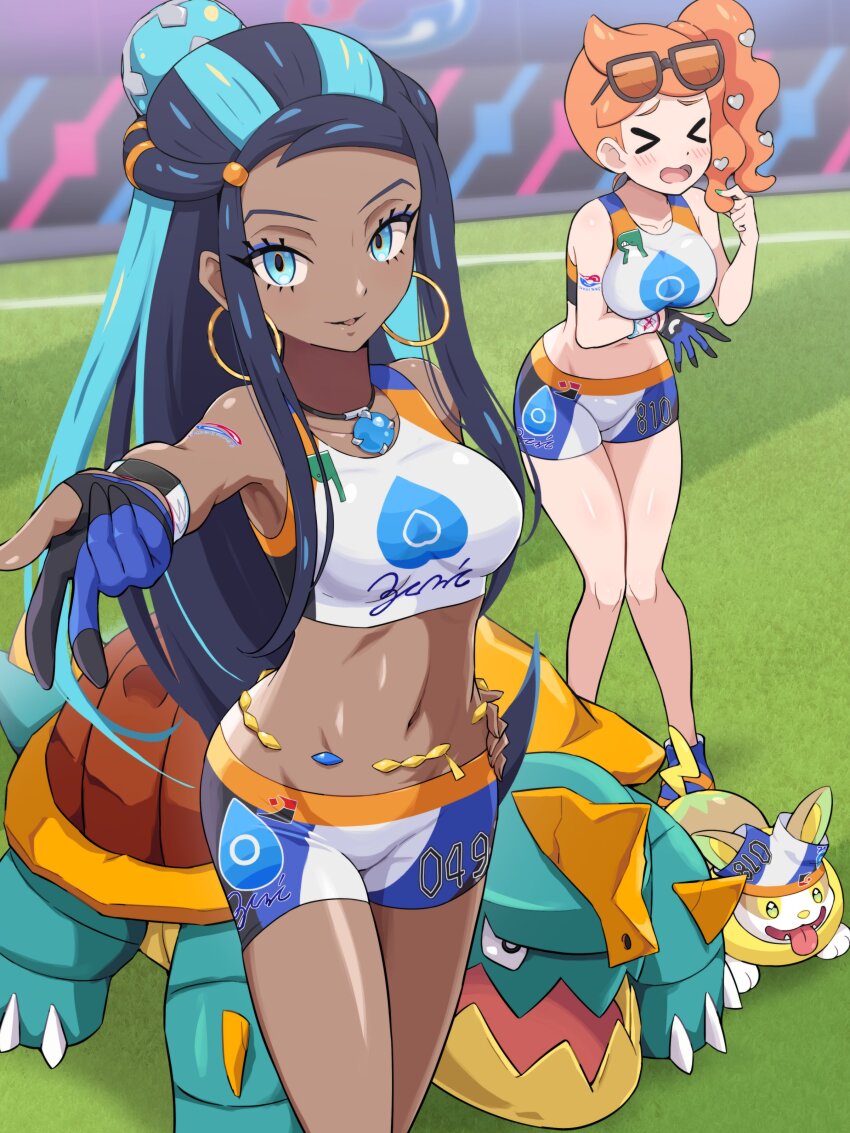 2girls absurdres breasts dark_skin drednaw game_freak gen_8_pokemon highres large_breasts medium_breasts multiple_girls nessa_(pokemon) nintendo pokemoa pokemon pokemon_swsh sonia_(pokemon) yamper