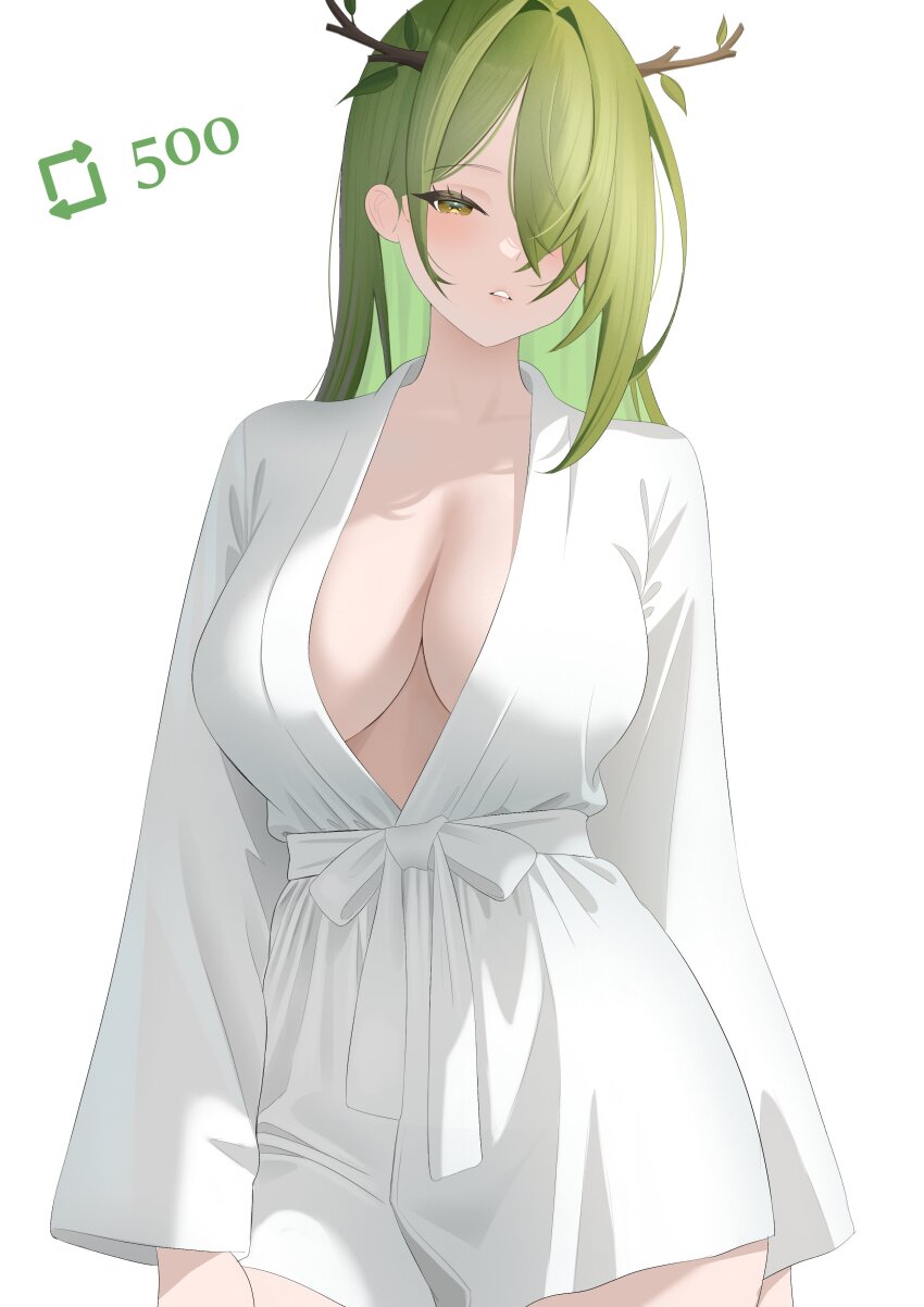 1girl absurdres breasts ceres_fauna commentary english_commentary green_hair hair_over_one_eye highres hololive hololive_english large_breasts layunaart long_hair parted_lips robe simple_background solo tree_horns virtual_youtuber white_background white_robe yellow_eyes