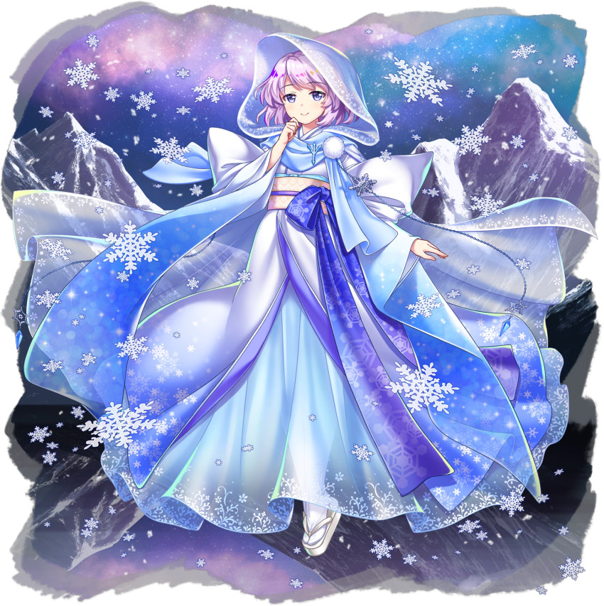 1girl alternate_costume blue_kimono blue_scarf blue_skirt closed_mouth full_body game_cg gradient_clothes gradient_kimono highres hood hood_up japanese_clothes kimono lapel_pin letty_whiterock letty_whiterock_(white_snow_glistening_in_winter) long_sleeves looking_at_viewer medium_hair mountain multicolored_kimono obi obiage obijime official_art okobo outdoors platform_sandals purple_eyes purple_hair rotte_(1109) sandals sash scarf see-through_clothes see-through_skirt skirt smile snowflake_print snowflakes solo third-party_source touhou touhou_lostword transparent_background white_kimono white_sandals wide_sleeves