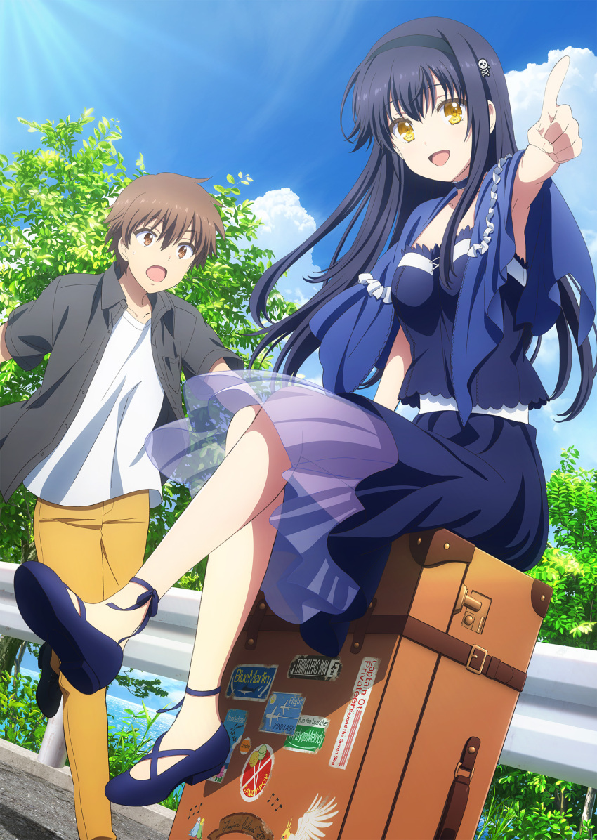 1boy 1girl armpits artist_request belt black_hair black_hairband black_shirt blue_capelet blue_choker blue_dress blue_shoes bone_hair_ornament brown_eyes capelet choker collarbone collared_shirt day dress full_body guard_rail hair_ornament hairband highres key_visual kushima_kamome long_hair looking_at_another official_art on_suitcase open_mouth outdoors pants pointing promotional_art road running shirt shirt_under_shirt shoes short_hair short_sleeves sitting skull_and_crossbones skull_hair_ornament sky suitcase summer_pockets takahara_hairi tree white_belt white_shirt yellow_pants