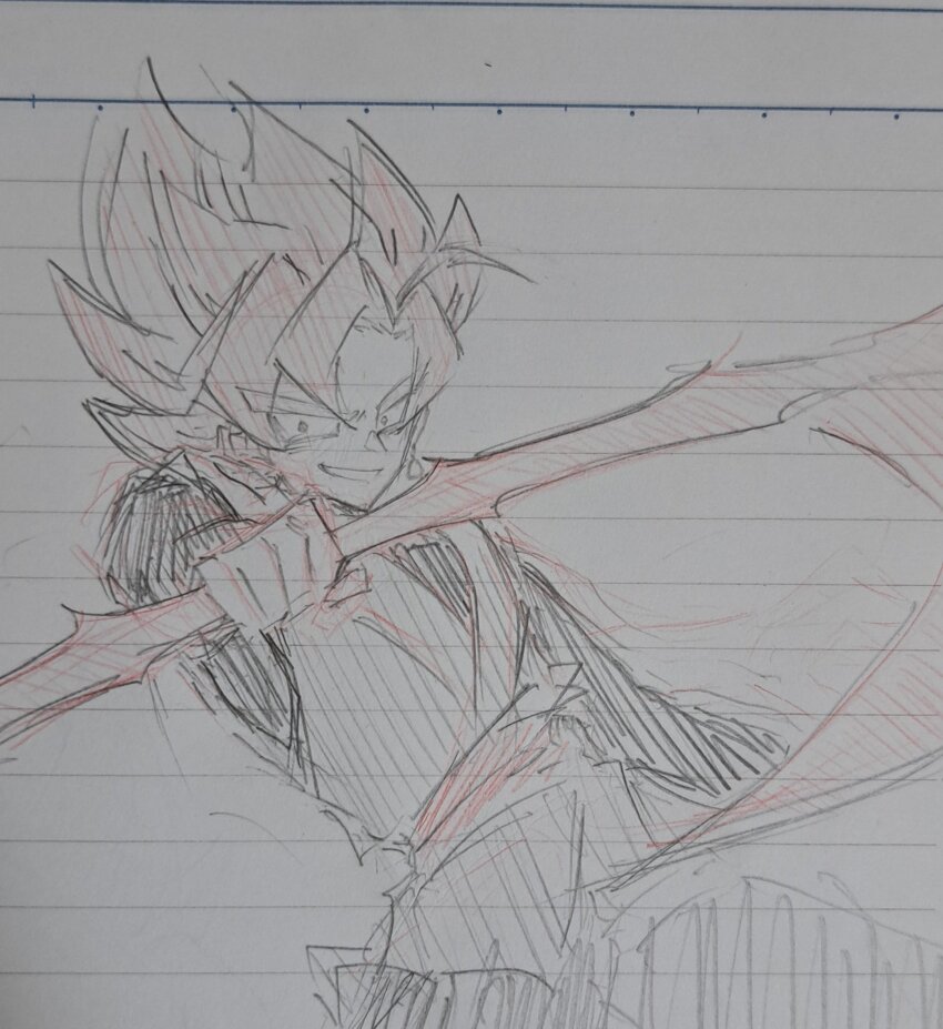 1boy black_bodysuit black_pants bodysuit crazy_eyes crazy_smile dougi dragon_ball dragon_ball_super earrings goku_black highres holding holding_weapon jewelry long_sleeves looking_at_viewer monochrome pants potara_earrings red_sash saiyan sash scythe smile solo spiked_hair traditional_media v621 weapon