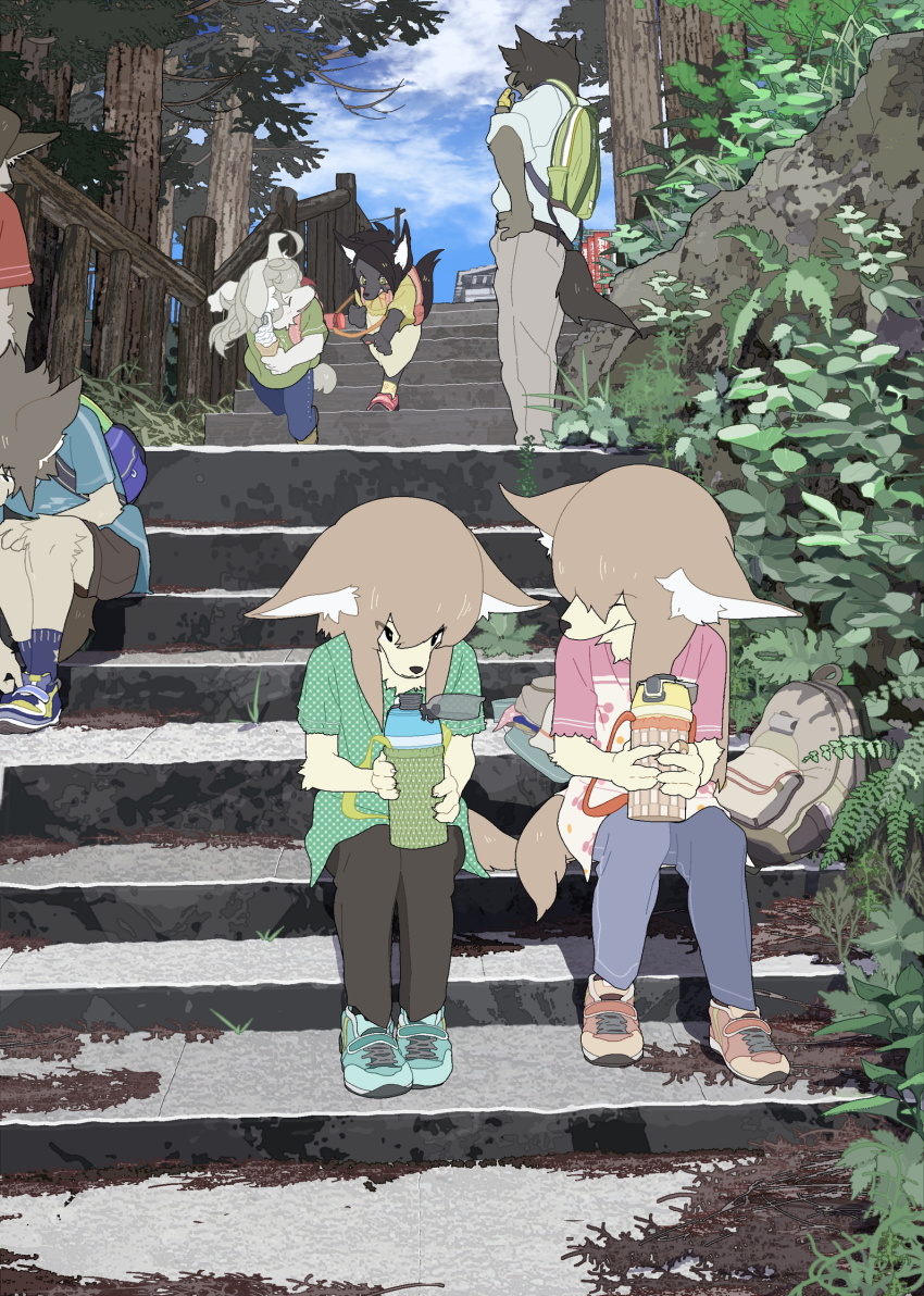 3girls 4boys ^_^ animal_ear_fluff animal_ears ankle_socks backpack bag black_eyes black_hair black_pants black_shorts blowing_whistle blue_pants blue_shorts blue_sky blue_socks bottle brown_bag brown_hair bus chasing child closed_eyes closed_mouth cloud commentary_request day denim dog_boy dog_ears dog_girl dog_tail fence fern floral_print forest furry furry_female furry_male green_bag green_footwear green_shirt grey_hair grey_pants hair_over_shoulder hand_on_own_hip highres holding holding_bottle jeans leaf long_hair motor_vehicle multiple_boys multiple_girls nature orange_bag original outdoors pants pink_bag pink_shirt polka_dot polka_dot_shirt red_footwear running scenery shirt shoes short_hair short_sleeves shorts sitting sitting_on_stairs sky smile sneakers snout socks stairs t-shirt tail taracod two-tone_footwear two-tone_shirt water_bottle white_pants white_shirt yellow_shirt yellow_shoes