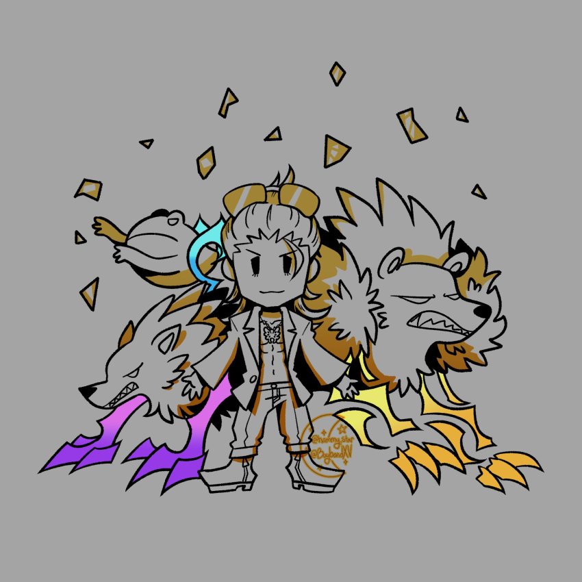 1boy abs animal bear butterfly_necklace chibi closed_mouth eyebrows eyelashes fangs frog graffiti highres jacket male_focus no_shirt open_clothes open_jacket outstretched_arms pants shiba_(ntwewy) shin_subarashiki_kono_sekai smile spread_arms subarashiki_kono_sekai sunglasses_on_head tattoo tribal_tattoo wolf