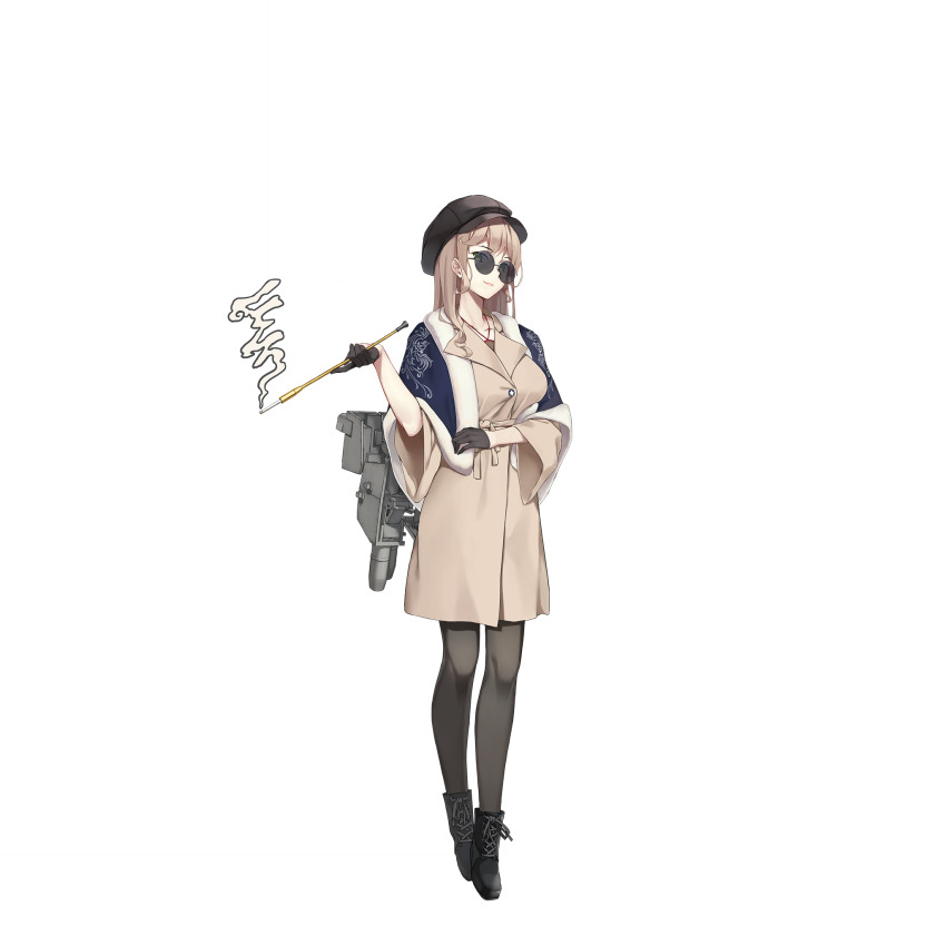 black_footwear black_gloves black_hat blonde_hair blue_capelet capelet cigarette_holder coat fur-trimmed_capelet fur_trim gloves green_eyes hat highres long_hair looking_at_viewer missouri_(warship_girls_r) official_alternate_costume official_art pantyhose smile sunglasses transparent_background warship_girls_r zi_se