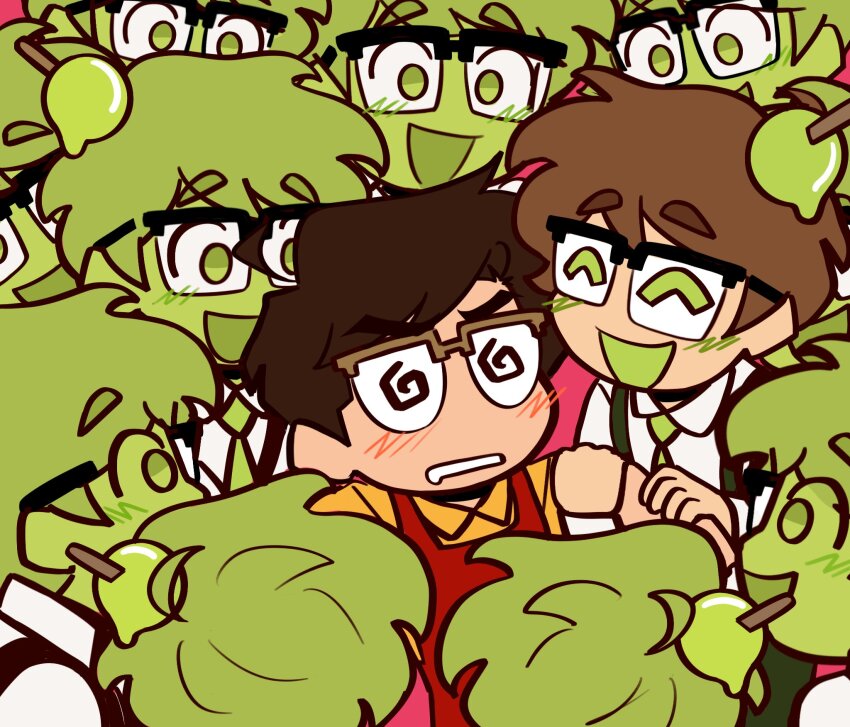 6+boys @_@ amorous_art apron blush brown_hair clone_harem closed_eyes couple crossover deformed dream_smp elmariana glasses highres in-franchise_crossover male_focus male_harem meme minecraft_youtube monster_boy multiple_boys multiple_persona necktie open_mouth photo-referenced quackity_smp red_apron shirt short_hair slime_boy slimecicle smile sonic_surrounded_by_amy_plush_dolls_(meme) surrounded suspenders yaoi yellow_shirt