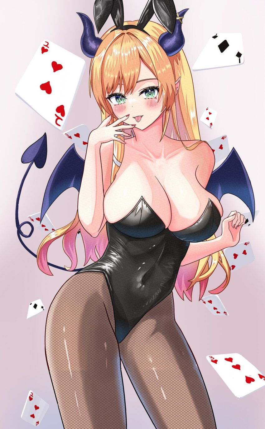 1girl animal_ears bare_shoulders black_horns black_leotard black_tail black_wings blonde_hair breasts card cleavage cowboy_shot demon_girl demon_horns demon_tail demon_wings fake_animal_ears fishnet_pantyhose fishnets green_eyes highres hololive horns large_breasts leotard long_hair mizoleoekaki pantyhose playboy_bunny playing_card pointy_ears rabbit_ears simple_background solo strapless strapless_leotard tail virtual_youtuber wings yuzuki_choco