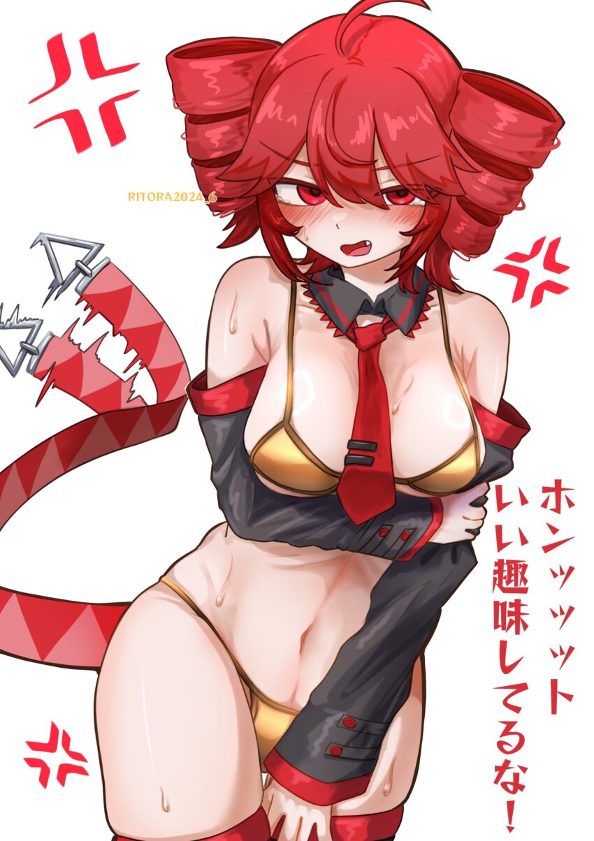 1girl annoyed bikini blush breasts covering_crotch covering_privates drill_hair embarrassed fake_tail gold_bikini highres kasane_teto large_breasts non-web_source red_hair riko_(ritora2024_6) solo source_request sweat swimsuit tail twin_drills utau