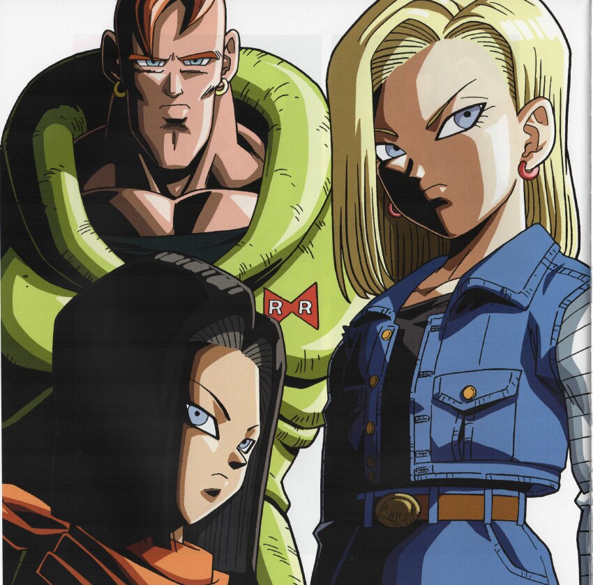 1girl 2boys absurdres android android_16 android_17 android_18 belt black_hair blonde_hair blue_eyes brown_belt dragon_ball dragonball_z earrings highres jewelry light multiple_boys muscular muscular_female muscular_male orange_hair shadow simple_background white_background