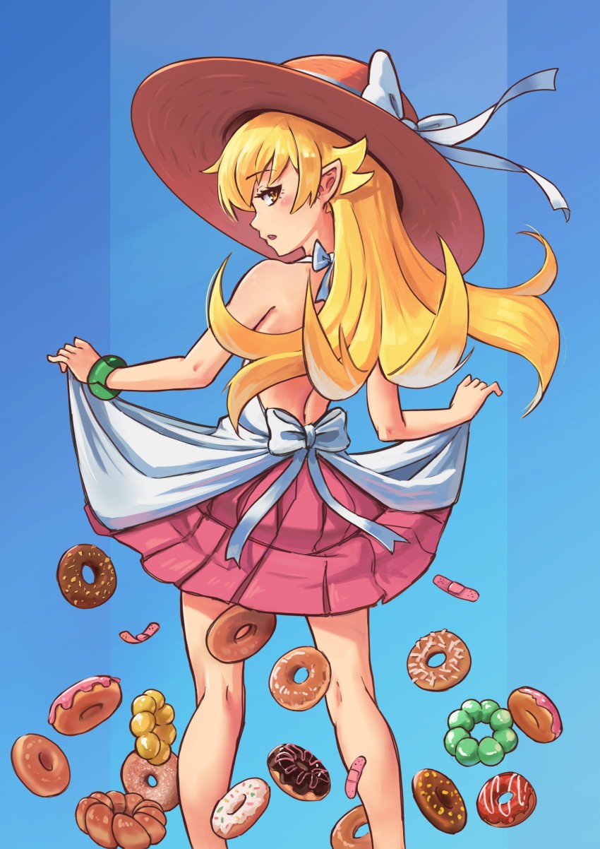 1girl absurdres apron apron_lift backless_outfit bakemonogatari bandaid bare_back bare_legs bare_shoulders blonde_hair blush blush_stickers bow bracelet clothes_lift donut fang female_focus food from_behind hair_flaps hat highres jewelry kneepits long_hair looking_at_viewer looking_back monogatari_(series) open_mouth oshino_shinobu parody pink_skirt pointy_ears pon_de_ring ribbon ricman_rt senjougahara_pose shaft_(company) simple_background skirt skirt_hold skirt_lift solo standing sun_hat yellow_eyes
