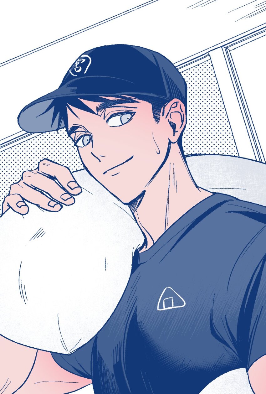 1boy baseball_cap black_hair black_hat black_shirt closed_mouth commentary_request crew_neck fingernails grey_eyes haikyuu!! hat highres holding looking_to_the_side male_focus miya_osamu miyaii17 on_shoulder shirt short_hair short_sideburns short_sleeves sideways_glance smile solo sweat upper_body