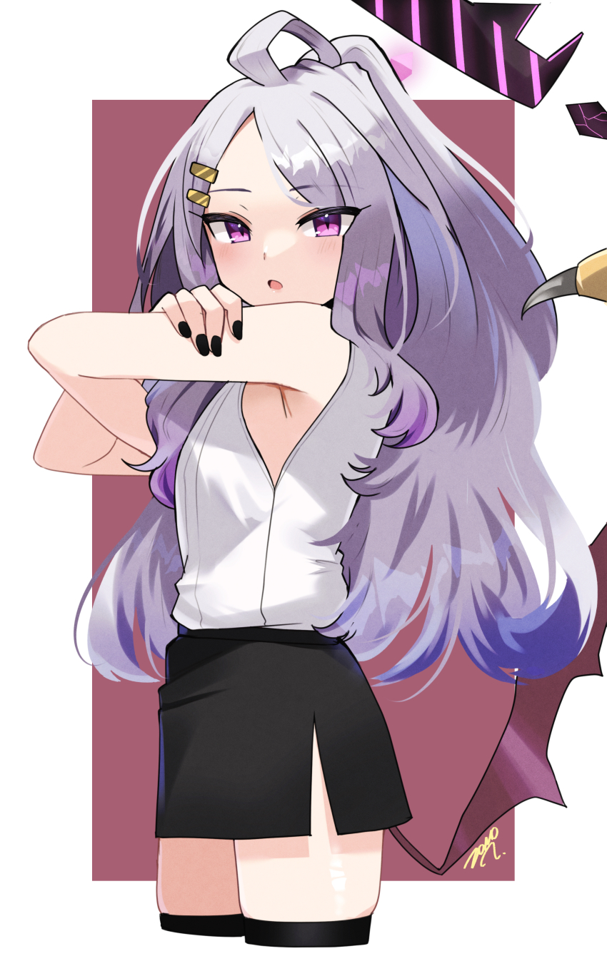 1girl absurdres ahoge armpits black_halo black_nails black_skirt black_thighhighs blue_archive blush breasts commentary_request cowboy_shot cropped_legs fingernails grey_hair hair_ornament hairclip halo highres hina_(blue_archive) long_hair looking_at_viewer looking_to_the_side miniskirt open_mouth parted_bangs pencil_skirt pink_eyes purple_background shirt skirt sleeveless sleeveless_shirt small_breasts solo thighhighs two-tone_background very_long_hair white_background white_shirt zono_(inokura_syuzo029)