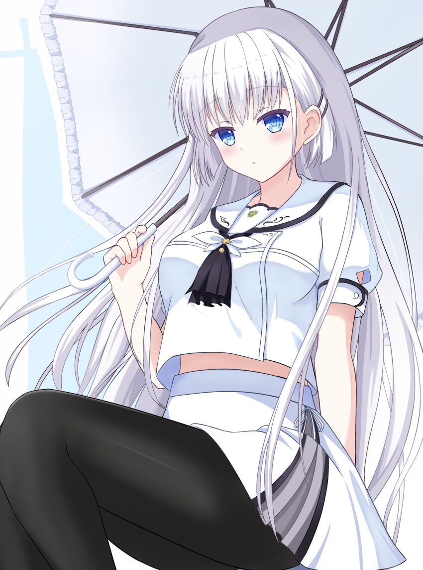 1230_mochi 1girl arm_behind_back ascot black_ascot black_pantyhose blue_eyes blunt_ends blush breasts commentary_request feet_out_of_frame hair_between_eyes hair_ornament hairclip hand_up highres holding holding_umbrella long_hair looking_at_viewer medium_breasts midriff_peek miniskirt naruse_shiroha outline pantyhose parallel_hairclips parted_lips puffy_short_sleeves puffy_sleeves ringed_eyes sailor_collar school_uniform serafuku shirt short_sleeves sidelocks simple_background sitting skirt solo straight_hair summer_pockets summer_pockets_school_uniform umbrella under_umbrella very_long_hair white_background white_hair white_outline white_sailor_collar white_serafuku white_shirt white_skirt