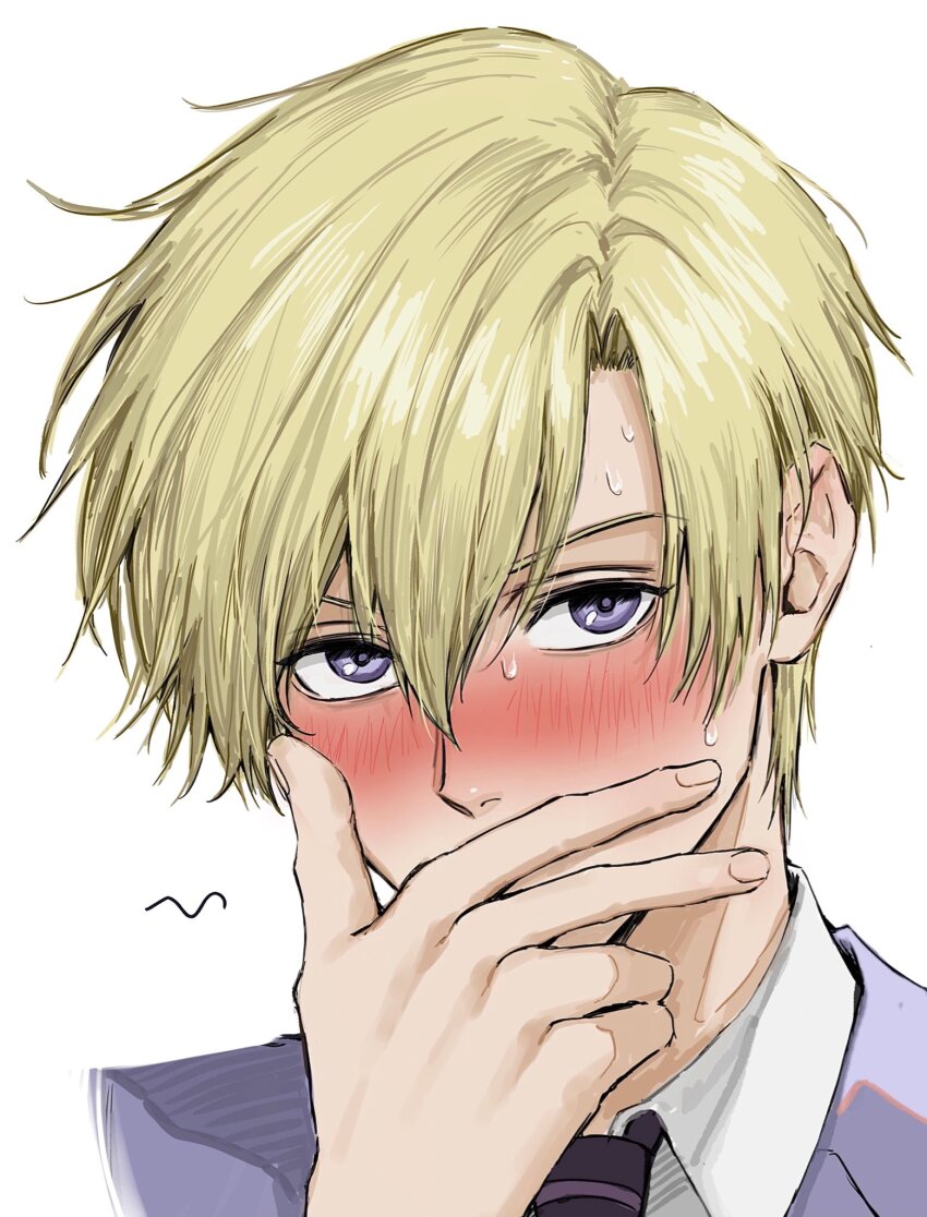 1boy blonde_hair blue_jacket blush collared_jacket collared_shirt covered_mouth covering_own_mouth furrowed_brow hair_between_eyes hand_over_own_mouth head_down highres jacket looking_at_viewer male_focus necktie ouran_high_school_host_club portrait purple_eyes sanpaku shirt short_hair shy simple_background solo sso_s suou_tamaki sweat swept_bangs white_background white_shirt
