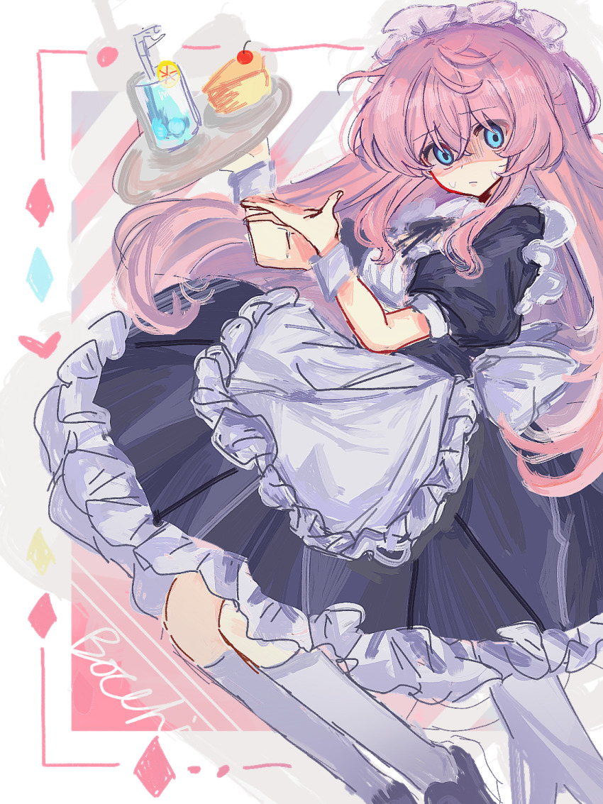 1girl apron black_dress blue_eyes bocchi_the_rock! cake cake_slice character_name chinese_commentary closed_mouth commentary_request dress drink food frilled_apron frilled_dress frills gotoh_hitori highres holding holding_tray huangdouliuhan long_hair maid maid_apron maid_headdress pink_hair puffy_short_sleeves puffy_sleeves shaded_face short_sleeves socks solo sweat tray white_apron white_socks