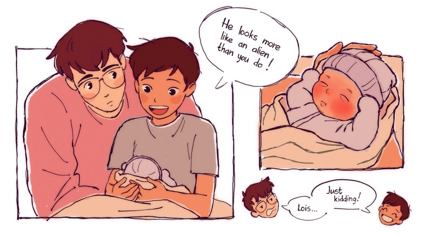 1girl 2boys ^_^ baby black_hair blush_stickers brown_eyes clark_kent closed_eyes commentary d-e-r-i dark-skinned_female dark_skin dc_comics english_text family hat highres jonathan_kent lois_lane multiple_boys my_adventures_with_superman open_mouth pink_shirt purple_shirt shirt short_hair smile superman_(series) symbol-only_commentary t-shirt upper_body
