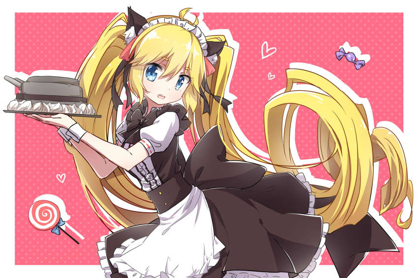 1girl :d absurdres alternate_costume andrea_doria_(warship_girls_r) animal_ears antenna_hair apron black_bow black_bowtie black_dress blonde_hair blue_bow blue_eyes bow bowtie cake candy cat_ears cream dress fake_animal_ears female_focus food frilled_dress frills from_side hair_ornament heart highres holding holding_tray lizi lollipop long_hair looking_at_viewer looking_to_the_side maid_headdress open_mouth polka_dot polka_dot_background puffy_short_sleeves puffy_sleeves short_sleeves smile solo tray twintails very_long_hair waist_apron warship_girls_r watermark weibo_watermark white_apron wrist_cuffs