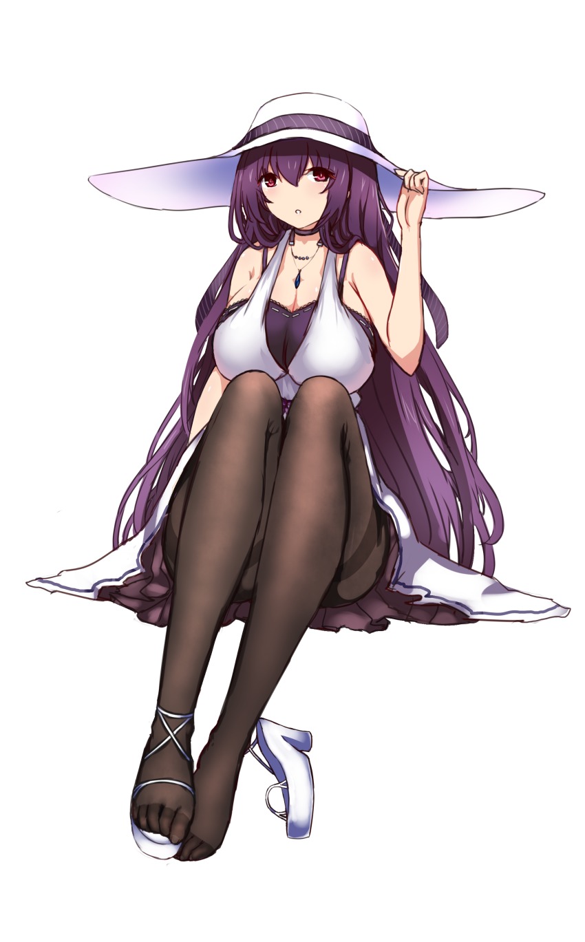 1girl absurdres black_hair black_pantyhose breasts cleavage female_focus hat high_heels highres hu_sea huge_breasts invisible_chair jewelry kasumigaoka_utaha long_hair looking_at_viewer necklace pantyhose purple_hair red_eyes saenai_heroine_no_sodatekata sandals shoes simple_background sitting sleeveless solo sun_hat thighband_pantyhose unworn_shoes white_background