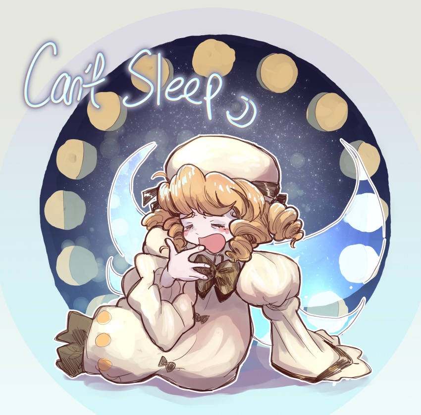 1girl blonde_hair bow dress drill_hair fairy fairy_wings hat highres luna_child molly_yancey moon sleepy touhou white_dress wings yawning
