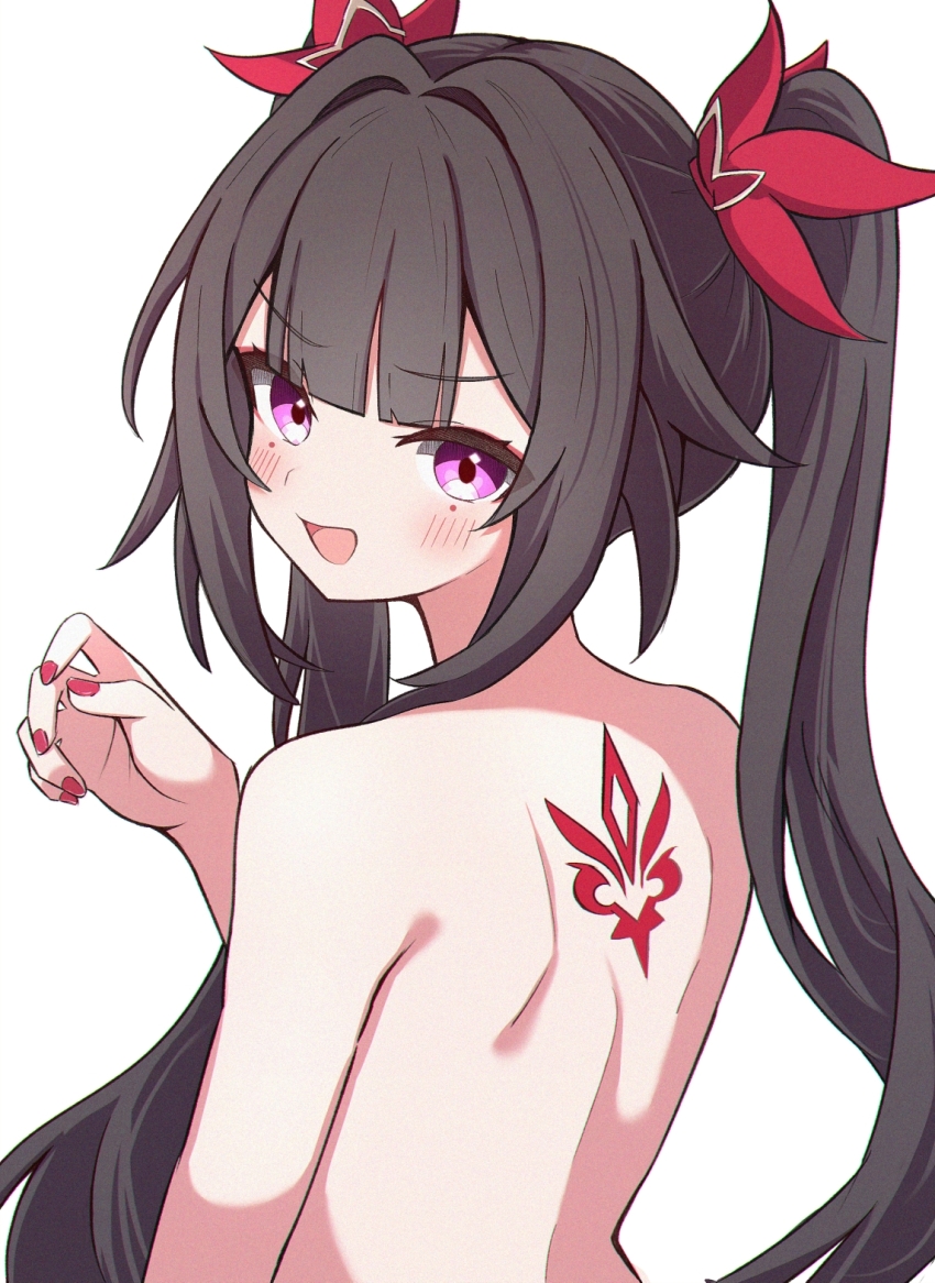 1girl :d black_hair blunt_bangs blush commentary_request hair_ribbon hand_up highres honkai:_star_rail honkai_(series) long_hair looking_at_viewer nail_polish nude open_mouth purple_eyes red_nails red_ribbon ribbon sasanekomaru simple_background smile solo sparkle_(honkai:_star_rail) twintails upper_body white_background