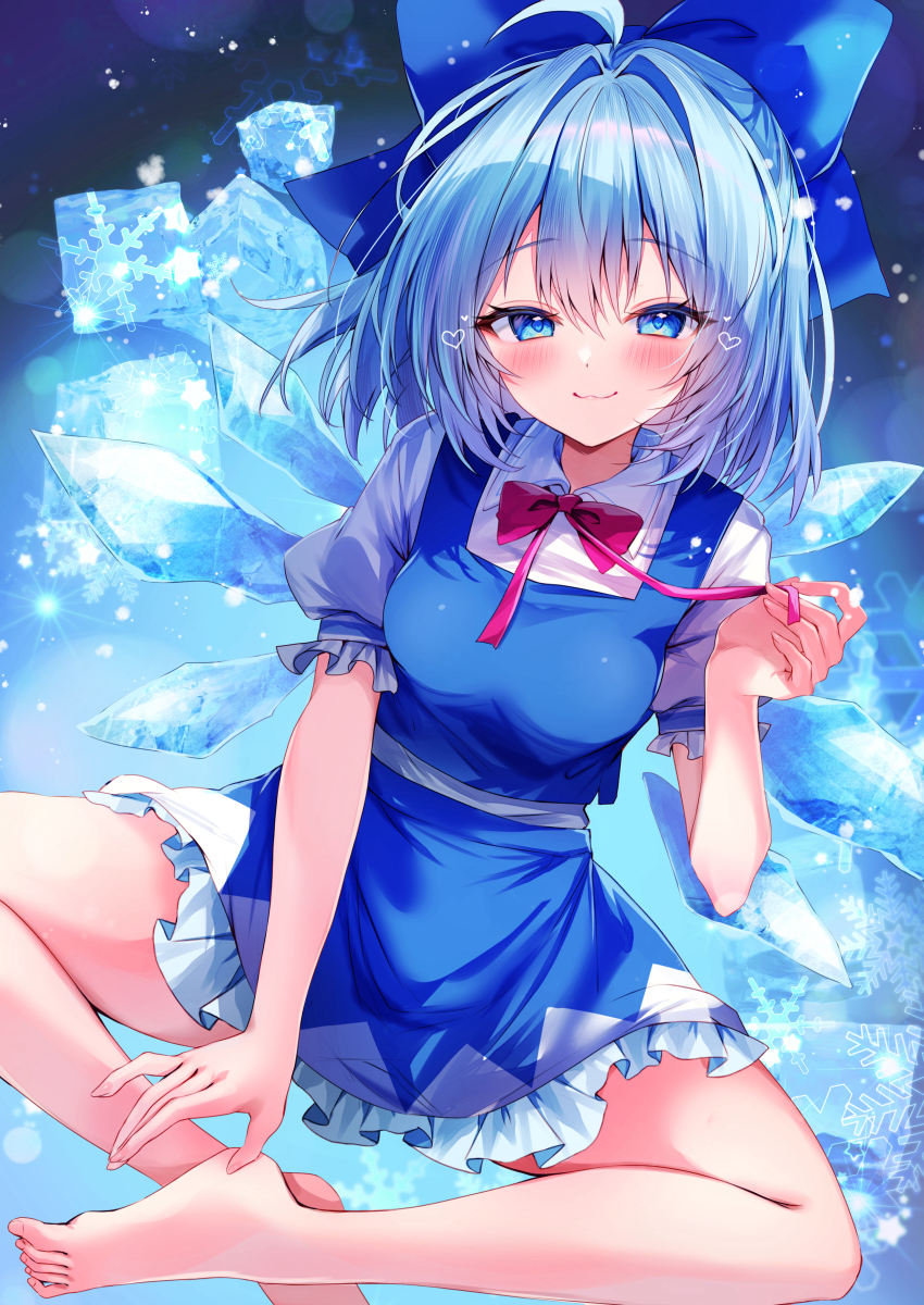 1girl absurdres blue_bow blue_dress blue_eyes blue_hair blue_wings bow breasts cirno closed_mouth commentary_request dress hair_bow highres ice ice_wings looking_at_viewer medium_breasts nenobi_(nenorium) short_hair smile solo thighs touhou wings