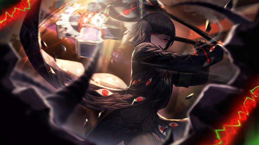 1girl armband asymmetrical_dual_wielding attack black_coat black_hair black_pants black_vest blunt_bangs blunt_ends bug cigarette club_(weapon) coat cross crown_of_thorns dress_pants dual_wielding e.g.o_(project_moon) glowing glowing_eyes green_armband highres holding holding_club holding_polearm holding_weapon limbus_company lobotomy_corporation_(identity)_(project_moon) looking_at_viewer nai_ga necktie official_alternate_costume official_art ootachi pants penitence_(e.g.o) polearm project_moon red_eyes red_eyes_(e.g.o) red_necktie ryoshu_(project_moon) short_hair skull_ornament solo swinging_weapon sword sword_hilt sword_on_back third-party_source thorns too_many_eyes vest waistcoat weapon weapon_on_back