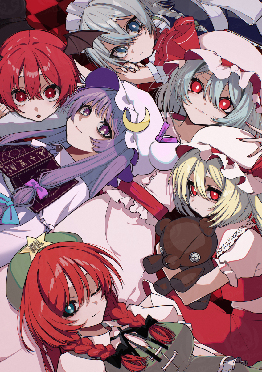 6+girls absurdres bat_wings blonde_hair blue_eyes blue_hair bow braid crescent demon demon_girl dress flandre_scarlet hat hat_ornament highres hong_meiling hugging_object izayoi_sakuya koakuma long_hair looking_at_viewer maid maid_headdress mob_cap multiple_girls one_eye_closed open_mouth patchouli_knowledge puffy_short_sleeves puffy_sleeves purple_eyes purple_hair red_eyes red_hair remilia_scarlet ribbon scarlet_devil_mansion short_hair short_sleeves smile soregashi_nk stuffed_animal stuffed_toy teddy_bear touhou twin_braids wings