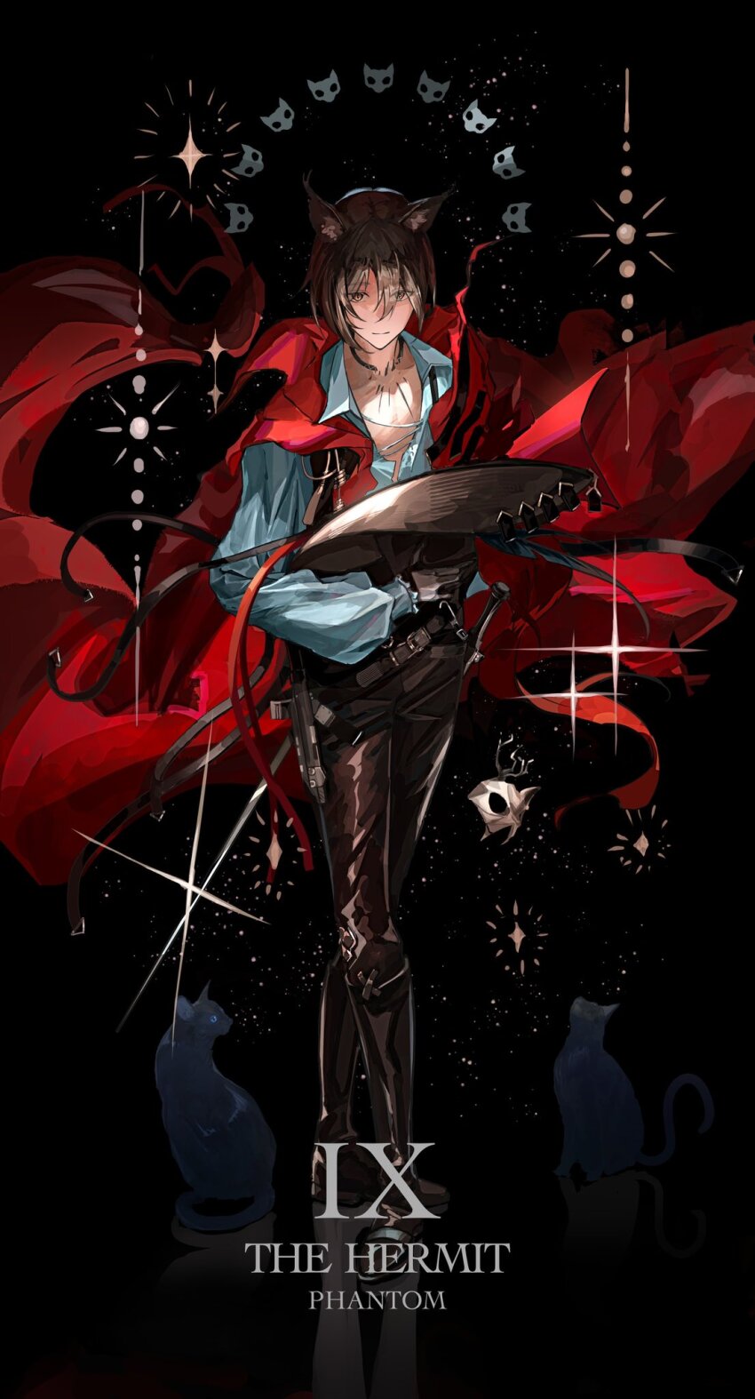 1boy animal_ears arknights black_cat brown_eyes brown_gloves brown_hair brown_hat brown_pants cape card_(medium) cat cat_boy cat_ears miss_christine_(arknights) commentary english_commentary english_text full_body gloves half_mask hat highres holding holding_unworn_clothes holding_unworn_hat infection_monitor_(arknights) kasumi_yuzuha long_sleeves male_focus mask pants phantom_(arknights) phantom_(focus)_(arknights) puffy_sleeves red_cape reflection shirt short_hair solo sparkle tarot tarot_(medium) unworn_hat unworn_headwear white_shirt