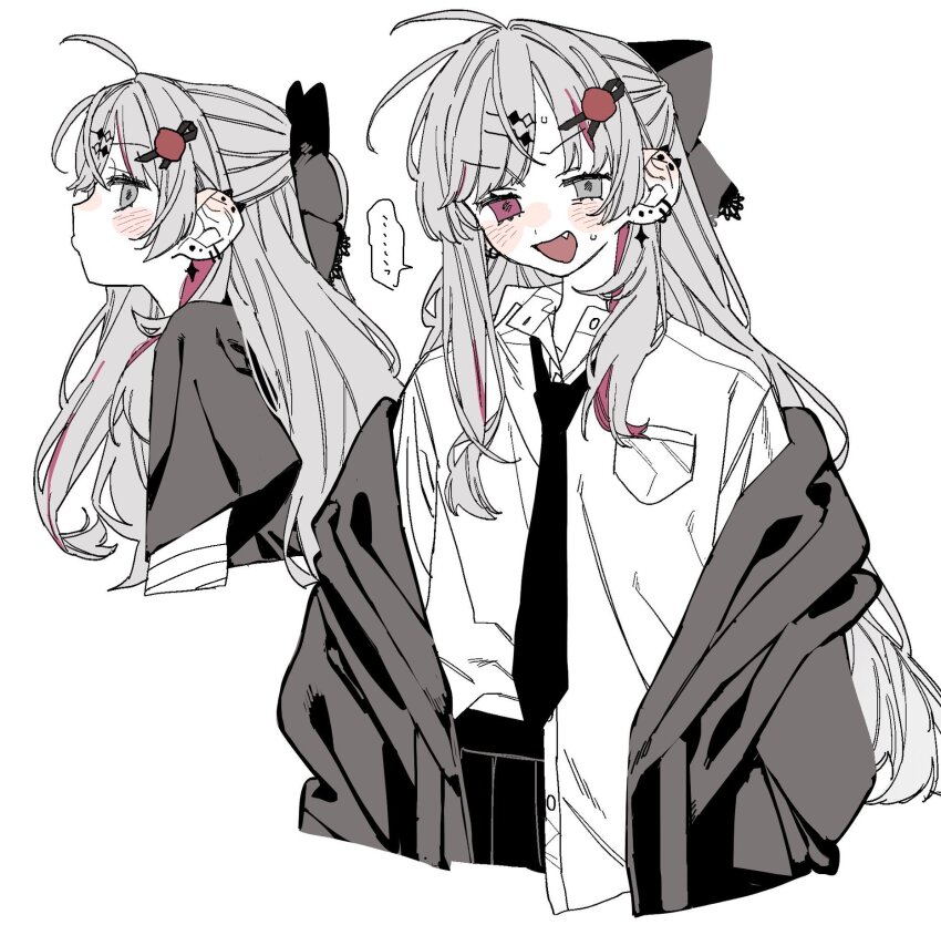 1girl dayama ear_piercing fang heterochromia ishigami_nozomi necktie nijisanji piercing shirt virtual_youtuber white_shirt