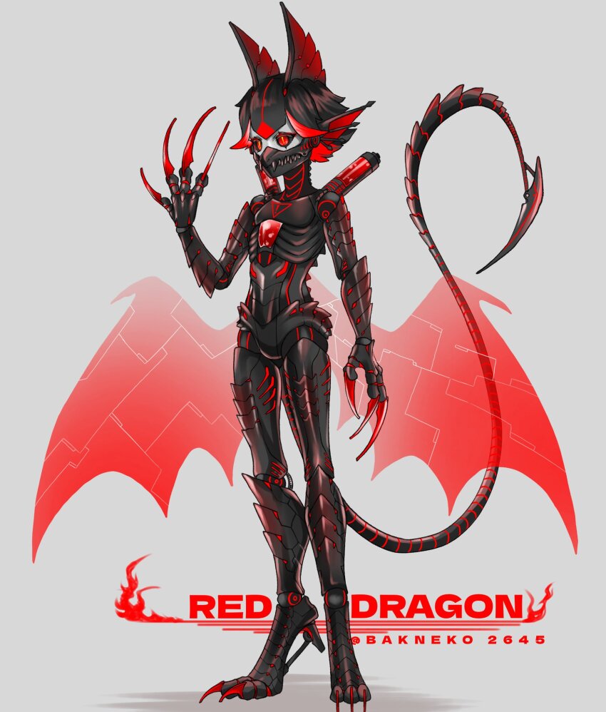 1boy animal_feet black_hair black_sclera claws colored_eyelashes colored_inner_hair colored_sclera colored_skin digitigrade dragon_boy dragon_tail dragon_wings english_text fins full_body grey_background grey_skin hand_up head_fins highres huge_claws humanoid_robot long_tail male_focus mechanical_tail mechanical_wings multicolored_hair original red_eyes red_hair red_wings robot sabuneko2645 sharp_teeth short_hair simple_background solo standing tail teeth wings yellow_sclera