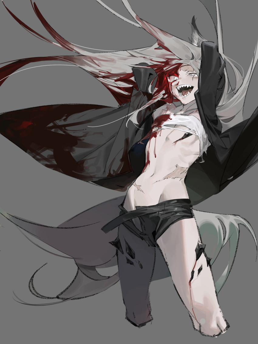1girl absurdres amrkdrw animal_ear_fluff animal_ears arknights arms_behind_head arms_up bandeau bare_legs black_jacket black_shorts bleeding blood_from_forehead blood blood_in_hair blood_on_chest blood_on_clothes blood_on_face blood_on_leg bloody_tears crazy crazy_eyes crazy_smile cropped_legs eyelashes feet_out_of_frame flat_chest floating_clothes floating_hair from_side grey_background grey_hair grey_tail groin half-closed_eye highres injury jacket knees lappland_(arknights) leaning leaning_back legs long_hair long_sleeves looking_at_viewer looking_to_the_side material_growth messy_hair midriff multiple_scars navel no_panties nosebleed open_clothes open_fly open_jacket open_mouth open_shorts oripathy_lesion_(arknights) pale_skin ribs scar scar_across_eye scar_on_face scar_on_stomach shadow sharp_teeth short_shorts shorts simple_background single_bare_shoulder single_off_shoulder skinny smile solo standing stomach strap sway_back tail teeth thighs tongue torn_bandeau torn_clothes very_long_hair white_bandeau white_eyes wolf_ears wolf_girl wolf_tail