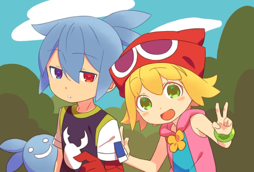 15daifuku820 1boy 1girl :d :o amitie_(puyopuyo) antenna_hair arm_at_side arm_behind_another&#039;s_back armband blonde_hair blue_eyes blue_hair blue_hoodie blue_sky brooch bush cloud creature double-parted_bangs double_v expressionless flat_chest flipped_hair flower_brooch green_armband green_eyes green_trim hair_between_eyes hand_up hands_up happy heterochromia highres hood hoodie jewelry looking_at_viewer open_mouth outdoors parted_lips pink_hoodie print_shirt puyopuyo puyopuyo_20th_anniversary red_eyes shirt short_hair short_sleeves side-by-side sideways_glance sig_(puyopuyo) sky sleeveless sleeveless_hoodie smile two-tone_hoodie upper_body v white_sleeves