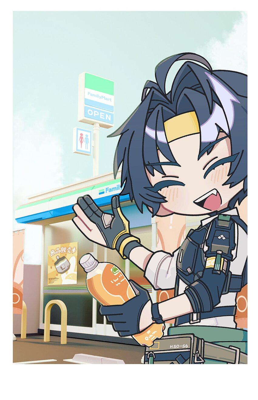 1boy asaba_harumasa bangboo_(zenless_zone_zero) black_gloves black_hair blush border bottle closed_eyes cloud convenience_store day facing_viewer familymart fang gloves headband highres holding holding_bottle male_focus open_mouth outdoors partially_fingerless_gloves sanada_ima shirt shop sign sky solo white_border white_shirt yellow_headband zenless_zone_zero