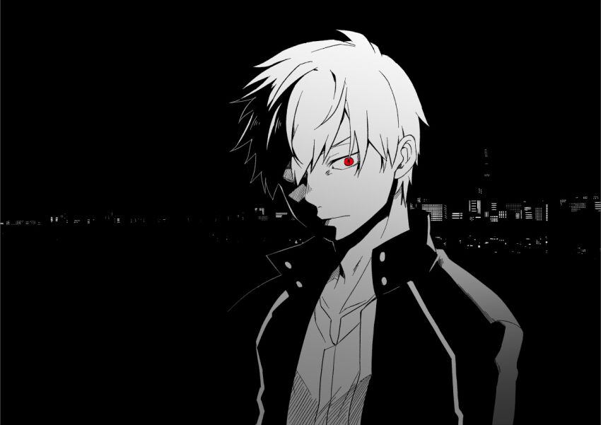 1boy city commentary_request fate/stay_night fate_(series) gilgamesh_(fate) gilgamesh_(immoral_biker_jacket)_(fate) greyscale jacket male_focus monochrome moonlight_0423 solo spot_color upper_body