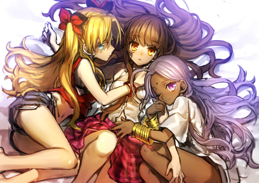 10s 3girls absurdres alternate_hair_color bad_id bad_pixiv_id bindi blonde_hair blue_eyes brown_hair dark-skinned_female dark_skin fate/extra fate_(series) girl_sandwich hair_ribbon highres kishinami_hakuno_(female) kishinami_hakuno_(female)_(another_ending) long_hair midriff multiple_girls navel no_panties one_eye_closed purple_eyes rani_viii ribbon routo sandwiched spoilers tohsaka_rin tohsaka_rin_(fate/extra) tohsaka_rin_(true_appearance)_(fate/extra) yuri