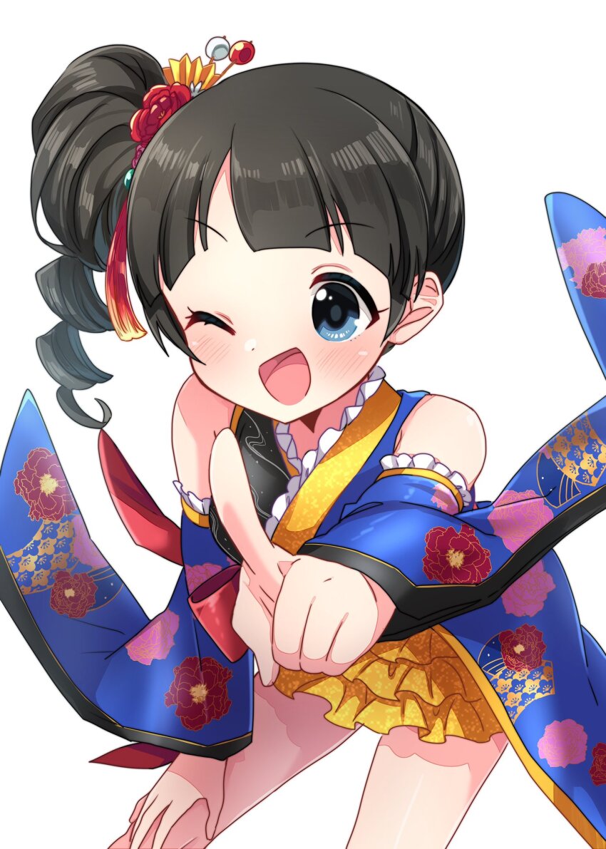 1girl alternate_hairstyle arm_support bare_shoulders black_hair blue_eyes blue_sleeves blunt_bangs blush bow breasts cowboy_shot detached_sleeves dot_nose dress_bow floral_print flower frilled_kimono frilled_sleeves frills furisode hair_flower hair_ornament hand_on_own_knee highres idolmaster idolmaster_cinderella_girls idolmaster_cinderella_girls_starlight_stage index_finger_raised japanese_clothes kanzashi kimono kimono_skirt leaning_forward long_hair long_sleeves looking_at_viewer miniskirt multicolored_kimono one_eye_closed open_mouth print_sleeves reaching reaching_towards_viewer red_bow red_flower short_kimono side_ponytail simple_background skirt sleeveless sleeveless_kimono small_breasts smile solo standing sukoyaka_(100hituzi) ujiie_mutsumi white_background