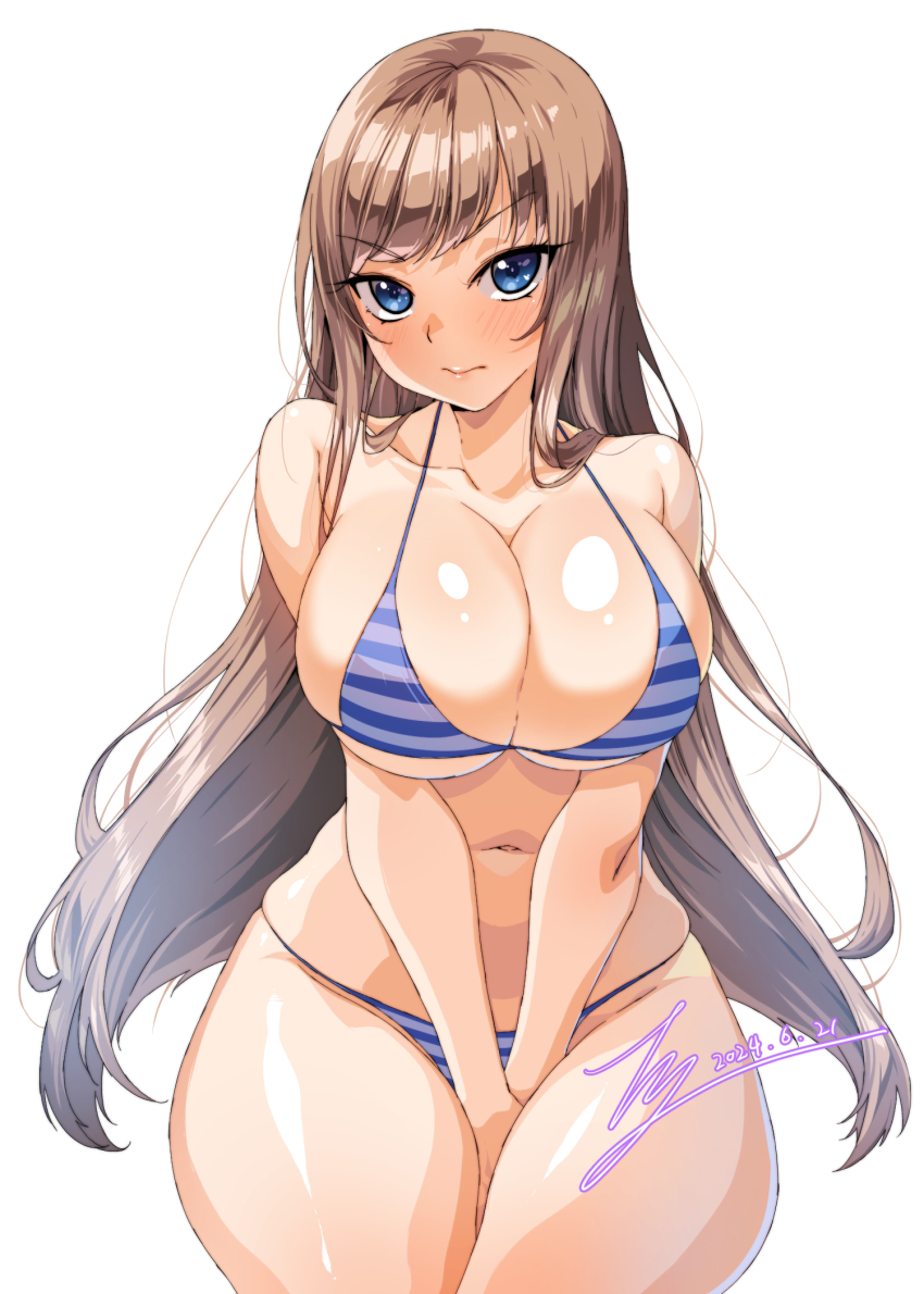1girl between_legs bikini blue_eyes breasts brown_hair cleavage closed_mouth collarbone commentary commission cowboy_shot dated english_commentary grey_hair hand_between_legs highres large_breasts long_hair looking_at_viewer navel original pixiv_commission rantia shiny_skin signature simple_background solo string_bikini striped_bikini striped_clothes swimsuit thighs v-shaped_eyebrows white_background wide_hips