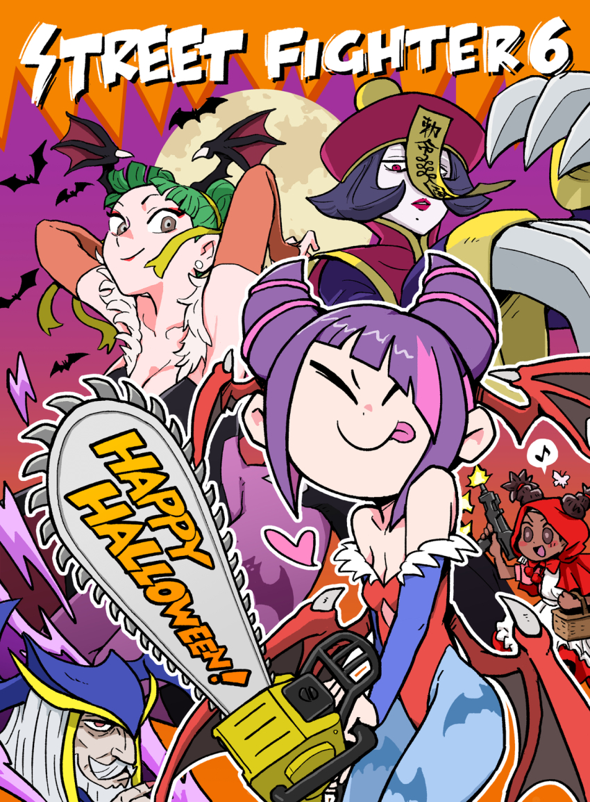 a.k.i._(street_fighter) b.b._hood b.b._hood_(cosplay) beard breasts capcom chainsaw chun-li claw_(weapon) cleavage company_connection cosplay dark-skinned_female dark_skin darkstalkers english_text facial_hair green_hair hair_horns halloween han_juri happy_halloween highres hood hsien-ko hsien-ko_(cosplay) jedah_dohma jedah_dohma_(cosplay) jp_(street_fighter) kangyaku lilith_(darkstalkers) lilith_(darkstalkers)_(cosplay) lily_hawk mole mole_under_mouth morrigan_aensland morrigan_aensland_(cosplay) mustache official_art pale_skin purple_hair street_fighter street_fighter_6 tongue tongue_out weapon