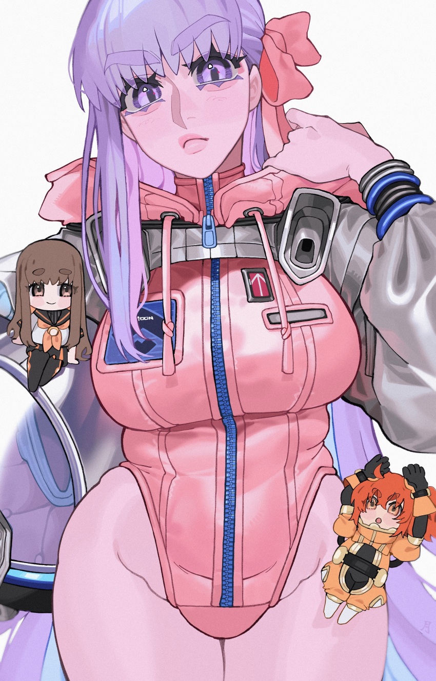 3girls absurdres bb_(fate) bb_cosmo_(fate) breasts brown_hair chibi fate/grand_order fate_(series) fujimaru_ritsuka_(female) fujimaru_ritsuka_(female)_(captain_chaldea) gloves grey_gloves grey_sleeves helmet highres jumpsuit kishinami_hakuno_(female) kishinami_hakuno_(female)_(mooncancer) leotard lips long_hair looking_at_viewer multiple_girls orange_hair pink_hair pink_hood pink_jumpsuit pink_leotard purple_hair smile solo_focus space_helmet spacesuit upper_body very_long_hair zipper