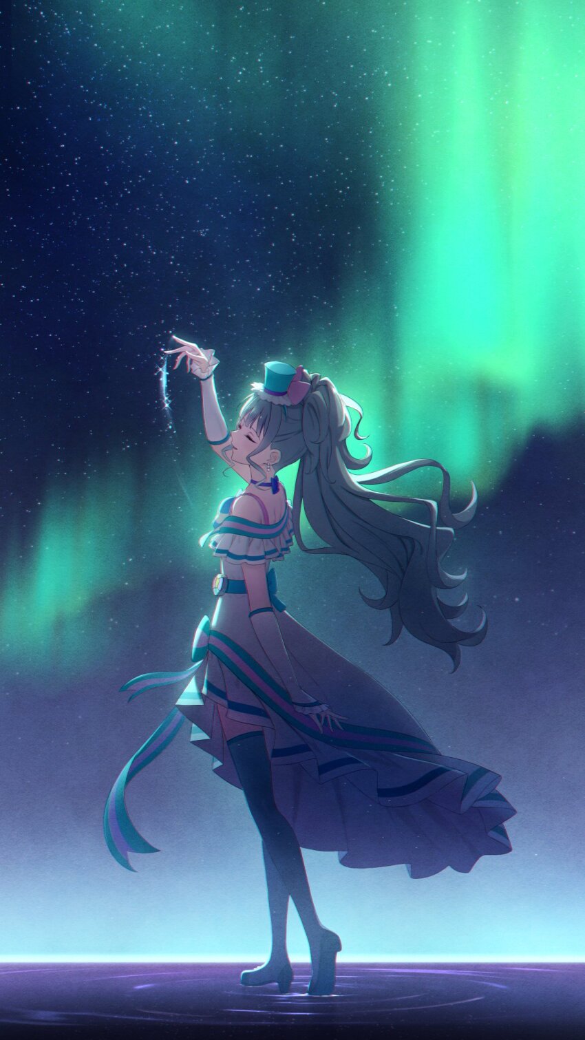 1girl aqua_dress aqua_hair aqua_shoes aqua_thighhighs arm_up arm_warmers aurora bow bow_choker choker closed_eyes commentary cure_lillian dress earrings hat high-low_dress high_ponytail highres jewelry long_hair magic magical_girl mini_hat nekoyashiki_mayu night nuenue outdoors pleated_dress ponytail precure shoes sky sleeveless sleeveless_dress smile solo standing star_(sky) starry_sky thighhighs water wavy_hair wonderful_precure!