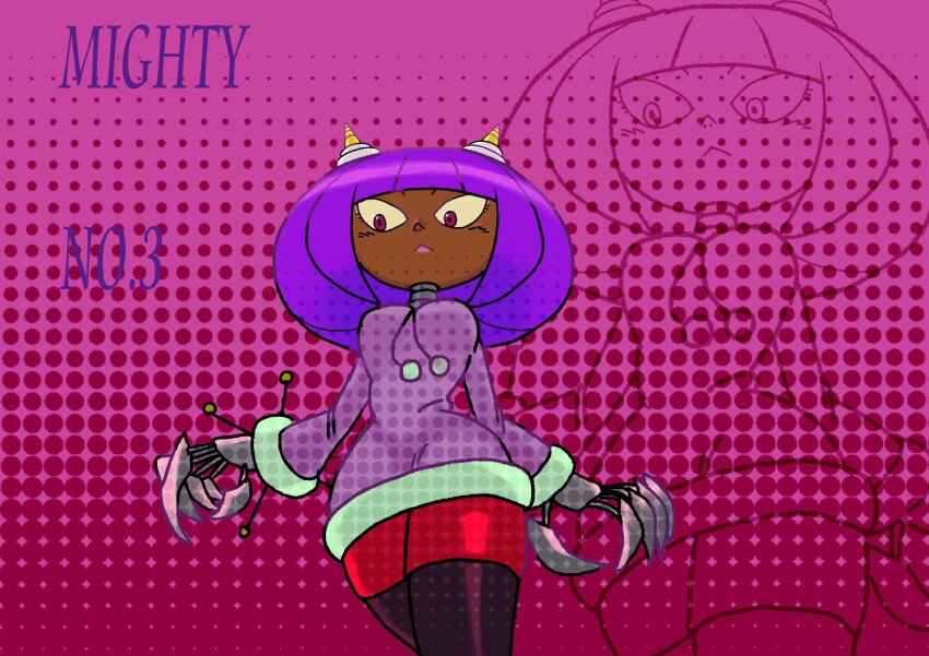 1girl :&lt; alternate_costume bob_cut breasts character_name claws closed_mouth commentary_request contemporary cowboy_shot dark-skinned_female dark_skin dress dynatron_(mighty_no._9) fur-trimmed_dress fur-trimmed_sleeves fur_trim highres horns joints large_breasts looking_to_the_side mighty_no._9 projected_inset purple_background purple_dress purple_eyes purple_hair robot robot_girl robot_joints short_hair simple_background solo takenokonoko very_dark_skin