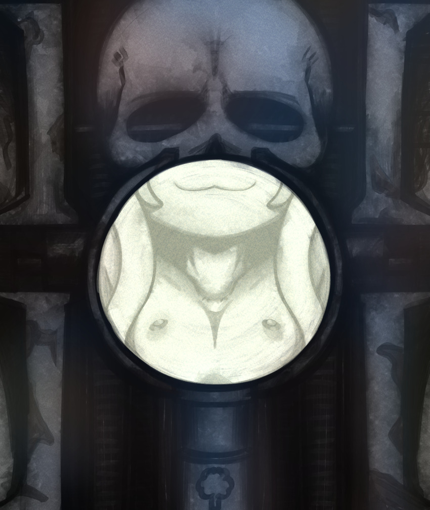 1girl :3 arbolito brain_salad_surgery closed_mouth commentary emerson_lake_&amp;_palmer english_commentary facing_viewer flat_chest highres himesaka_noa loli nipples nude parody skull smile solo watashi_ni_tenshi_ga_maiorita!