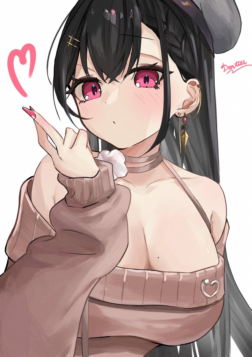 1girl absurdres alternate_costume artist_name bare_shoulders beret black_hair blowing_kiss blush braid braided_bangs breasts brown_choker brown_sweater choker dontsu ear_chain earrings grey_hat hair_ornament hairclip halterneck hat heart highres jewelry kuroha_arya large_breasts linked_piercing long_hair long_sleeves looking_at_viewer mole mole_on_breast off-shoulder_sweater off_shoulder pink_eyes pink_nails puckered_lips simple_background solo sweater upper_body very_long_hair virtual_youtuber vspo! vspo!_en white_background