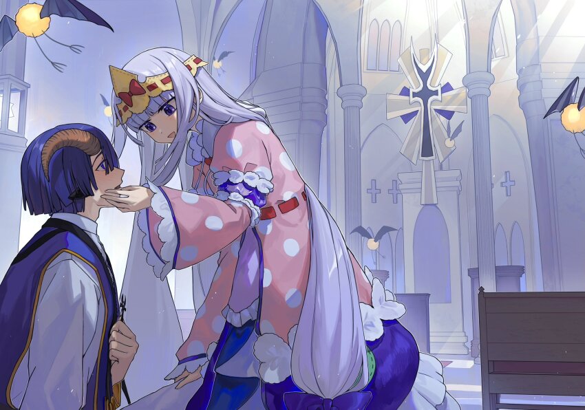 1boy 1girl aurora_sya_lis_kaymin blue_eyes blue_hair blush church commentary_request demon_cleric hand_on_another&#039;s_face highres hongxiaoyuji indoors long_hair maou-jou_de_oyasumi on_floor purple_eyes purple_hair short_hair