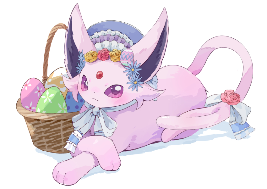 absurdres animal_focus basket blush bonnet closed_mouth easter easter_egg egg espeon espeon_(botanical_easter) flower forehead_jewel forked_tail game_freak gen_2_pokemon hat highres illustrattyako lying nintendo no_humans pokemon pokemon_(creature) purple_eyes ribbon shadow smile solo tail tail_ornament tail_ribbon